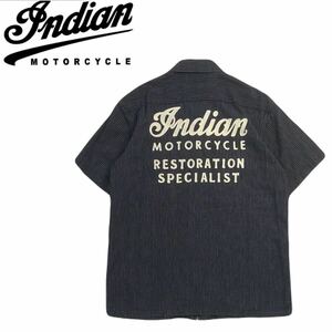 極美品 豪華刺繍 東洋エンタープライズ INDIAN MOTORCYCLE ウォバッシュストライプ コンチョボタン 半袖シャツ ワークシャツ メンズ2405122
