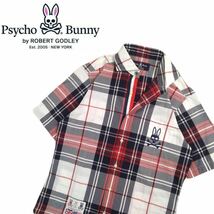 極美品 BEAMS取扱 最高級 Psycho Bunny チェック柄 ビッグスカルラビット 半袖シャツ ドレスシャツ メンズ サイコバニー 日本製 2405150_画像1