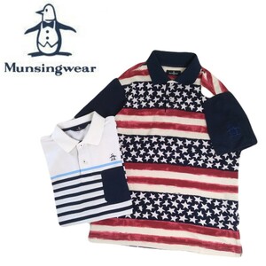 新品同様 おまけ付 Munsingwear 吸水速乾 ストレッチ 鹿の子 星条旗 ボーダー 半袖ポロシャツ M マンシングウェア ゴルフウェア 2405172