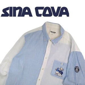 特大LL 極美品 豪華刺繍 SINA COVA ストライプ ボタンダウン リネン混 長袖シャツ ドレスシャツ ワイシャツ メンズ シナコバ マリン2405209
