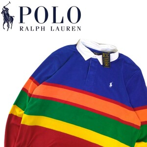 新品タグ付 好配色 Polo Ralph Lauren パイル地 タオル地 マルチボーダー ラガーシャツ 長袖ポロシャツ メンズL ラルフローレン 2405217