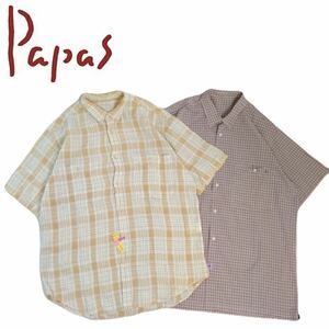 極美品 最高級 豪華2点 Papas チェック 総柄 半袖シャツ リネンシャツ ドレスシャツ メンズM パパス 日本製 マドモアゼルノンノン 2405249