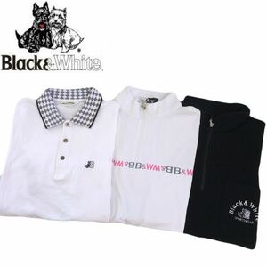 極美品 豪華3点 BLACK&WHITE 吸水速乾 ストレッチ 鹿の子 刺繍 半袖ポロシャツ メンズL ブラック&ホワイト ゴルフウェア アンパスィ2405251