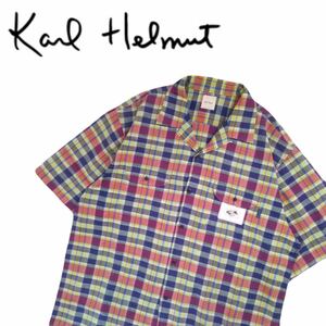  unused top class masterpiece Karl Helmut badge . color scheme check total pattern . collar short sleeves shirt men's Karl hell m Pink House money . made in Japan 2405376A