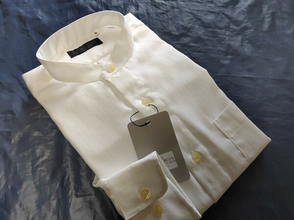 LL寸・新品／日本製・スタンドカラーシャツ■オフホワイト色ドビー・形態安定