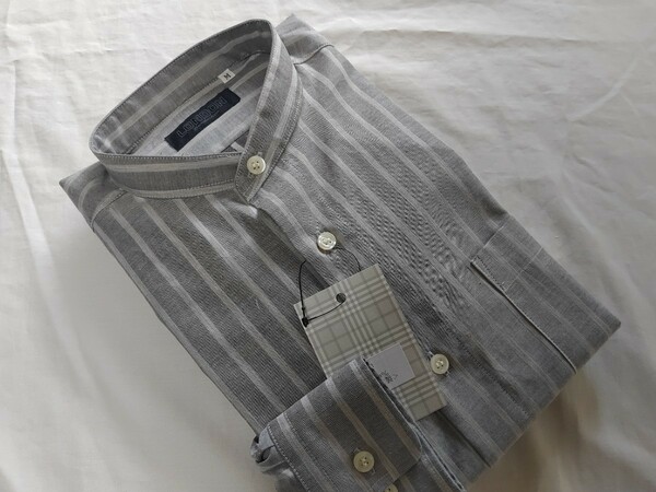 Ｌ寸・新品／日本製・スタンドカラーシャツ■グレー色ロンドンストライプ