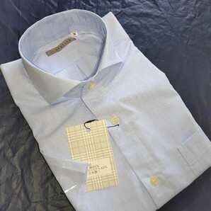 Ｌ寸・半袖新品／日本製・無地ホリゾンタルカラーシャツ■ライトブルー色シャンブレー