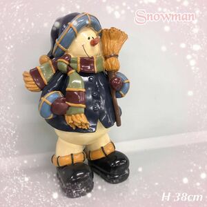 H■ 雪だるま 人形 置物 オブジェ スノーマン 高さ38cm インテリア 飾り物 雑貨 玄関 庭 クリスマス 冬 ディスプレイ アンティーク 