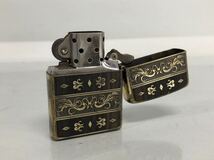 H■③ ZIPPO ジッポー オイルライター ベネチアンウッドインレイ 両面加工 2面彫刻 いぶし 2014年製 ケース付き 喫煙具 ライター _画像5