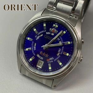 Y■ ORIENT オリエント スリースター メンズ 腕時計 EM5J-CO 腕周り15㎝ 自動巻き デイデイト ブルー 青文字盤 時計 アナログ 稼働品 