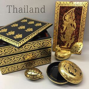 SU# Thai народные товары совместно 5 позиций комплект бардачок многоярусный контейнер орнамент чёрный золотая краска общий рисунок животное узор смешанные товары .. мелкие вещи интерьер коллекция 