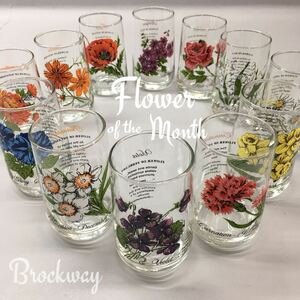 SU# unused # Brockway block way glass together 12 point set Flower of the Month floral print glass made tumbler retro pop 