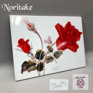 H■① Noritake ノリタケ 陶板 井上武 銘入り 薔薇 バラ 花柄 白磁 飾り物 美術品 陶板画 インテリア オールドノリタケ コレクション 