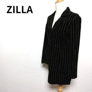 ZILLA スプライト柄 ブラックカラー キュプラ素材混 スカート スーツ上下 ブレザー 黒 レディース ビジネス Vネック 