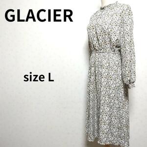 GLACIER ミャンマー製 小花総柄 ウエストゴム使用 ハニーズ ハイネックワンピース Lサイズ レディース ボタニカル柄 長袖