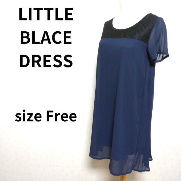 LITTLE BLACE DRESS 花柄首周り ネイビーカラー 膝丈 半袖ワンピース ひざ丈 レディースファッション 