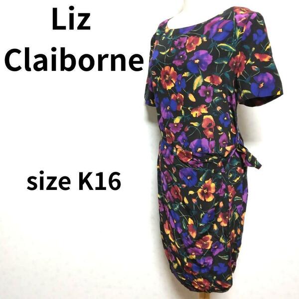 Liz Claiborne フラワー総柄 上質シルク素材 Uネック 半袖 膝丈ワンピース ひざ丈 花柄 レディース