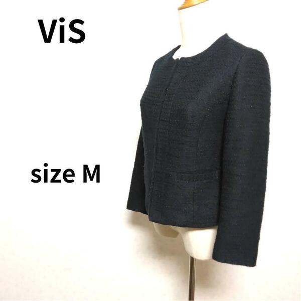 ViS ナチュラルプレーンネイビーカラーデザイン ノーカラージャケット ブレザー Mサイズ レディースファッション