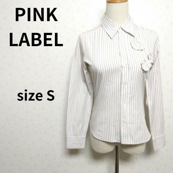 PINK LABEL ストライプ柄 上質コットン素材 フラワーアクセサリー 長袖シャツ トップス レディースファッション