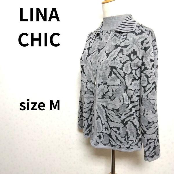 LINA CHIC アンサンブル アート総柄 ダークグレー 長袖セーター&カーディガン トップス Mサイズ レディースファッション