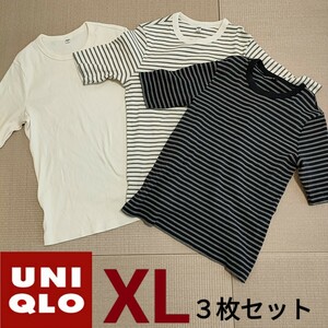 UNIQLO（ユニクロ）五分袖Tシャツ３枚セット XL 美品（My70）リブボーダークルーネックT&リブクルーネックT ■60