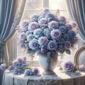 訳あり ダイヤモンドアート 薔薇 青 紫 花瓶の画像1