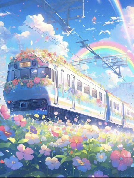 ダイヤモンドアート 電車 花 虹 青空