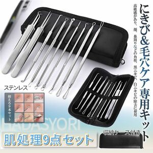 肌処理セット 9本セット 収納付き 毛穴ケア専用キット ニキビ取り 黒ずみ取り 角栓取り すっきり 毛抜き HADASYORI