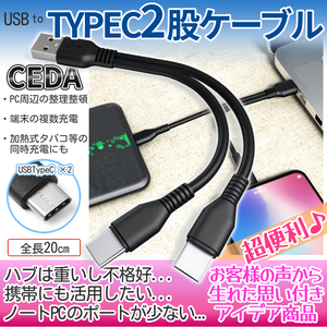USBタイプC 2股ケーブル 枝分かれ 20cm 黒 TypeCケーブル USB-C 充電ケーブル タイプCケーブル CEDA20