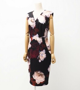 TG7053 ◇ Неиспользованный Calvin Klein Jersey Flower Pattern Рукав плотное титульное платье Size4 Black x Purple System