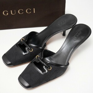 GO2881*イタリア製《GUCCI グッチ》Size 7C GG柄 スクエアトゥミュール サンダル キャンバス×レザー 靴 ブラック