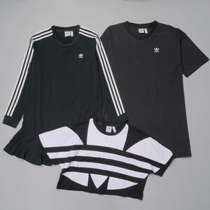 TG6064#3点セット*アディダス adidas*クロップドTシャツ+長袖ワンピース+オーバーサイズTシャツ*3本ライン*トレフォイル/三つ葉*M,L,OT