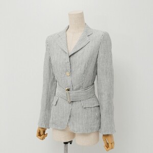 GO8780# Italy made * Max Mara MaxMara*linen100%* tailored jacket * stripe * waist belt * white × black group *34