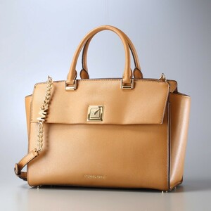 MG2782*MICHAEL KORS マイケルコース*Sylvia シルビア ラージ クロスグレインレザー サッチェル*チェーンショルダー付き ハンドバッグ*茶