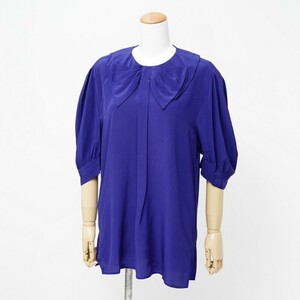 TH6103# MiuMiu miumiu* silk 100%*5 minute sleeve collar attaching blouse * ribbon * blue group *40*