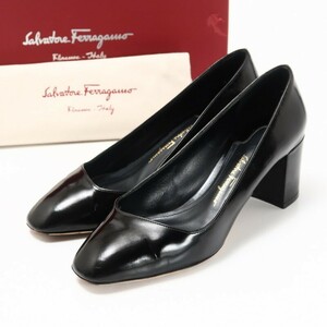 GQ0361▼イタリア製▼サルヴァトーレフェラガモ Salvatore Ferragamo*パテントレザー パンプス 靴*5D(22.0cm)*チャンキーヒール*ブラック