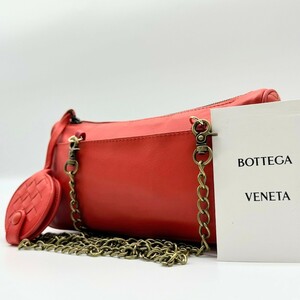 極美品☆BOTTEGA VENETA ボッテガヴェネタ チェーンショルダー イントレチャート ポーチ 編み込み 2way クロスボディ レザー 赤 レッド