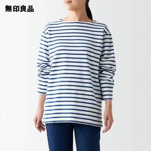 無印良品　太番手ボートネック長袖Tシャツ　ブルー　XS