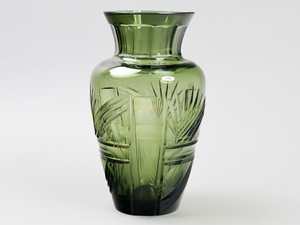 モスグリーン クリスタルガラス カット 花瓶 25cm 1.8kg フラワーベース