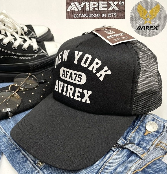 未使用品 AVIREX ブラック メッシュキャップ NEW YORK ロゴ メンズ大人カジュアル タグ アウトドア キャンプ アビレックス アヴィレックス