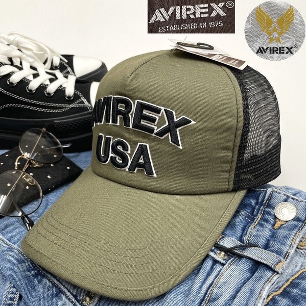 未使用品 AVIREX カーキ メッシュキャップ USA ロゴ刺繍 メンズ ミリタリー カジュアル アウトドア キャンプ アビレックス アヴィレックス