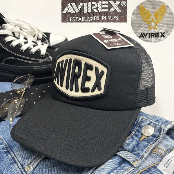 未使用品 AVIREX ブラック メッシュキャップ メンズ 星条旗 カジュアル3Dロゴ アウトドア ミリタリー タグ 黒 アビレックス アヴィレックス