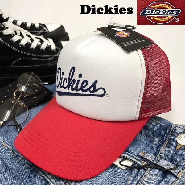 未使用品 Dickies ホワイト×レッド メッシュキャップ メンズ カジュアルアメカジ キャンプアウトドアゴルフジム タグ ロゴ赤 ディッキーズ