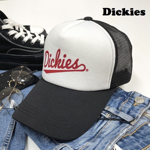 未使用品 Dickies ホワイト×ブラック メッシュキャップ メンズレディースカジュアルアメカジアウトドアゴルフジムレッドロゴ ディッキーズ