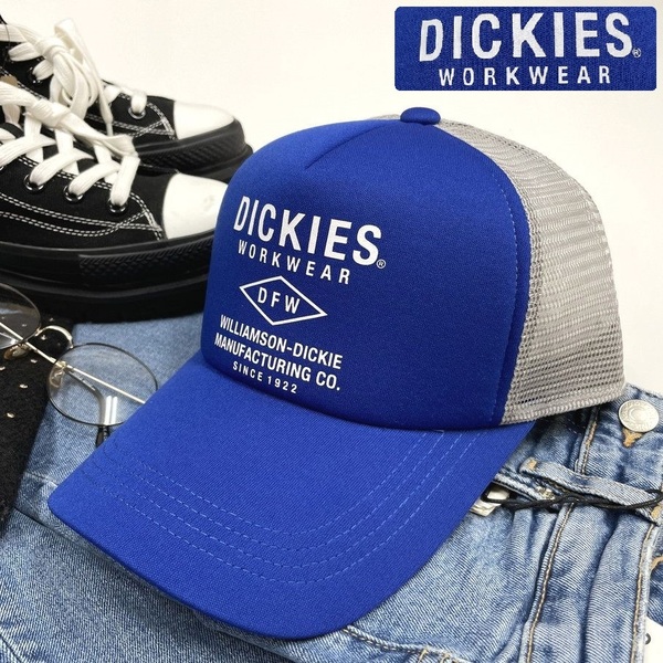 未使用品 Dickies ブルー×グレー メッシュキャップ メンズレディースカジュアルアメカジ アウトドアゴルフジム プリントロゴ ディッキーズ