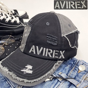 AVIREX ブラック ダメージキャップ メンズ ミリタリー カジュアル アウトドア キャンプ 通勤 ロゴグレー刺繍 アビレックス アヴィレックス