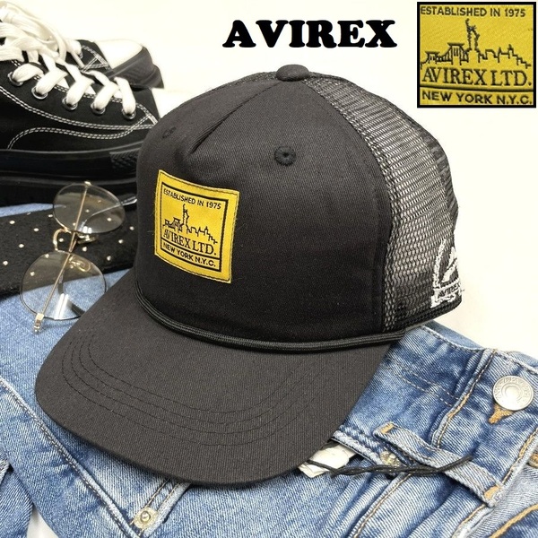 未使用品 AVIREX ブラック メッシュキャップ NEW YORK メンズ カジュアル アウトドアキャンプ イエローロゴ黒 アビレックス アヴィレックス