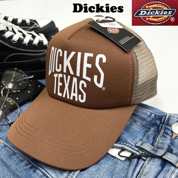 未使用品 Dickies ブラウン メッシュキャップ 野球帽 アウトドアキャンプ ゴルフ帽子 バイクトラックホワイトロゴレッド 春夏 ディッキーズ