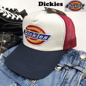 未使用品 Dickies ホワイト ネイビー レッド メッシュキャップ 野球帽 アウトドア キャンプ ワッペンゴルフ 帽子 バイク 春夏 ディッキーズ