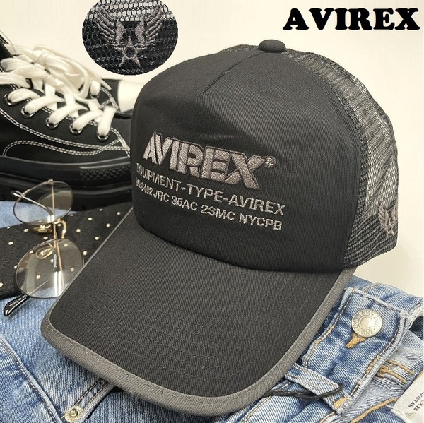 未使用品 AVIREX ブラック メッシュキャップ ミリタリー メンズ ロゴ刺繍 カジュアル アウトドア キャンプ 黒 アビレックス アヴィレックス